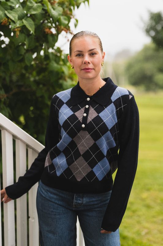 Julina Check Knit Blouse Navy 