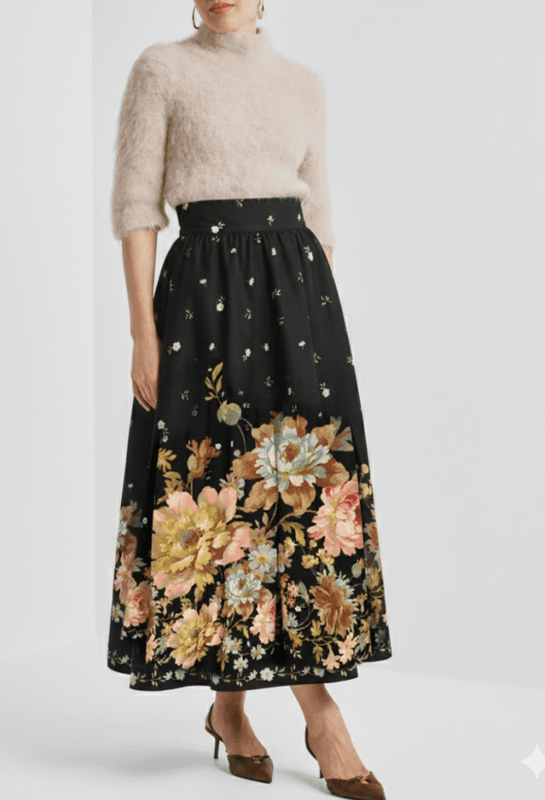 Taffeta Maxi Skirt Midnight Blossoms