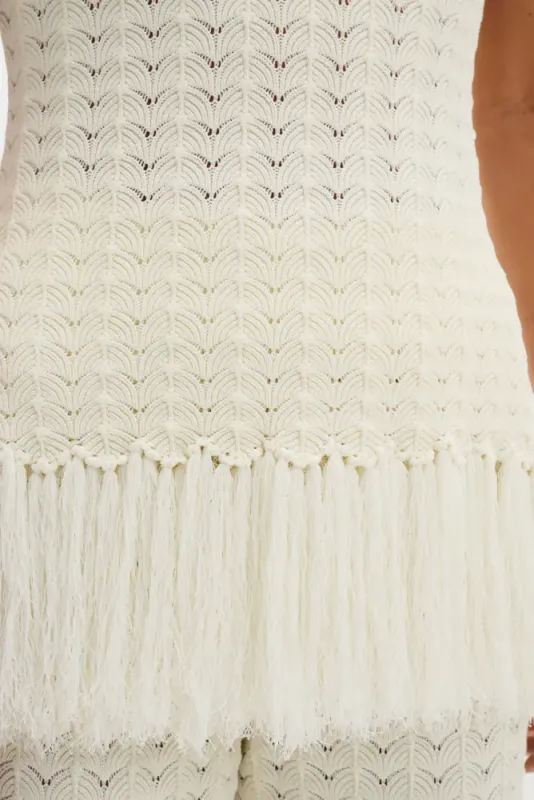 Amal Knitted Fringe Top White 