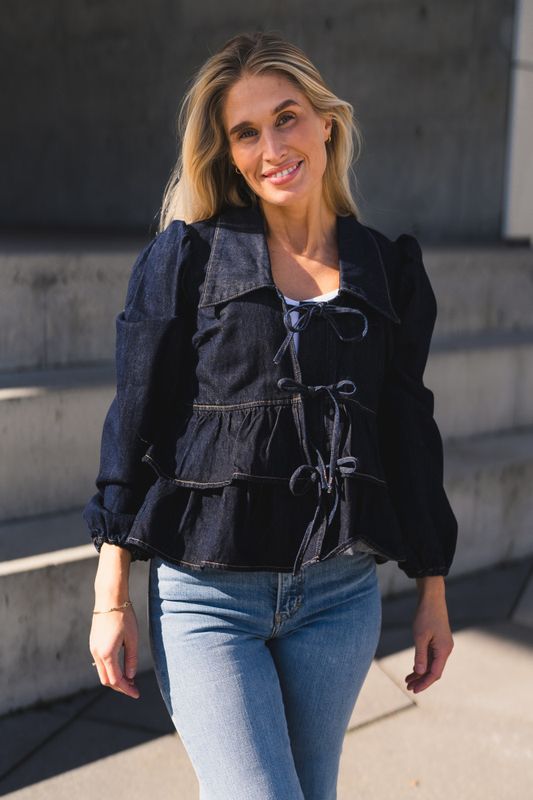 Celina LS Denim Tie Top Dark Blue Denim 
