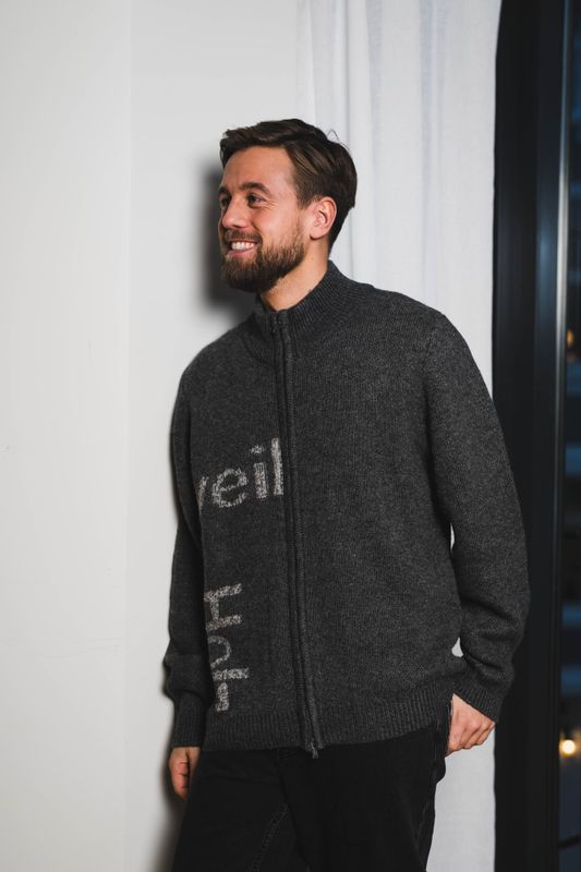 Haza Logo Zip Cardigan Dark Grey Mix 