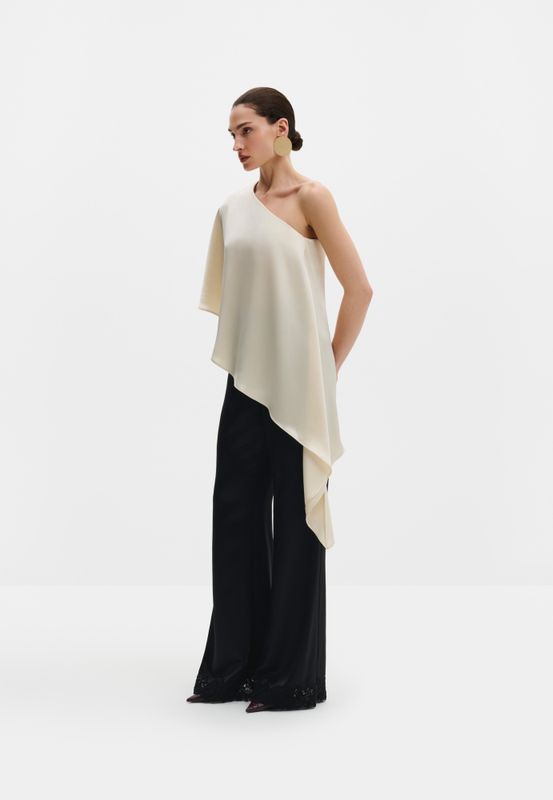 Aria One Shoulder Asymmetric Satin Blouse Pearl 
