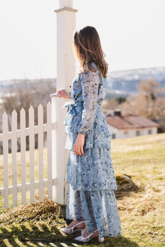 Denila Crepe Print Dress Dusty Blue 
