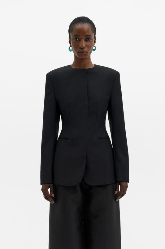 Carol Collarless Wool-Silk Evening Blazer Black 