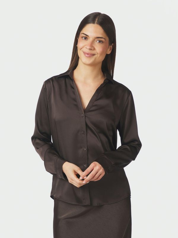 Hazelle Drapy Satin Shirt Dark Brown 