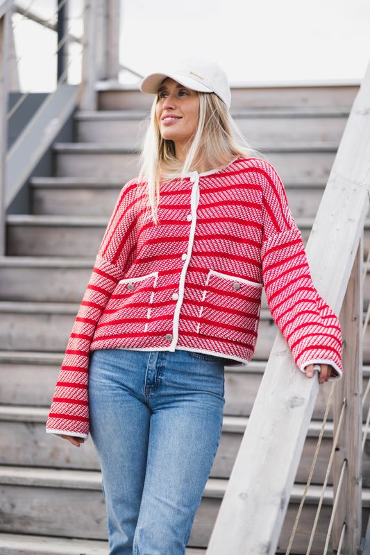 Polly Knitted Cardigan Poppy Red Stripe 