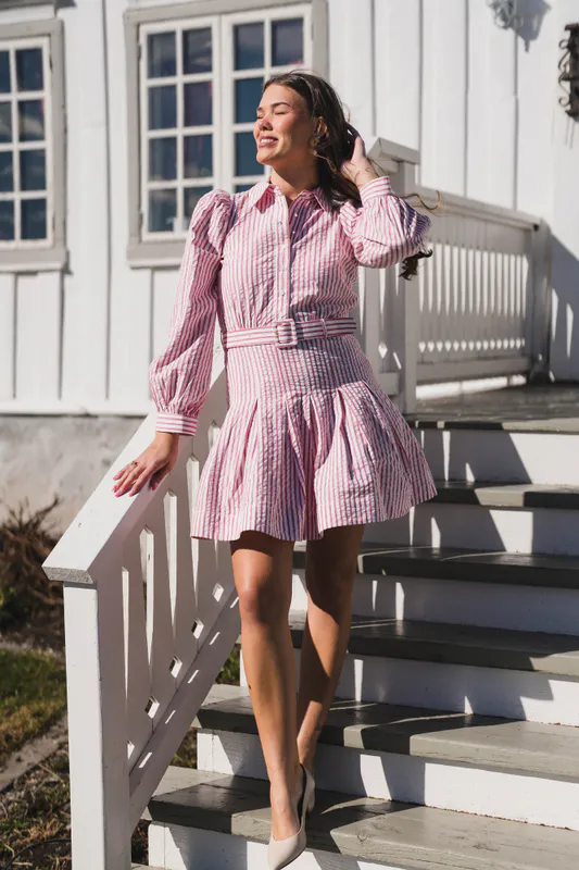 Seersucker Pleated Dress Pink Stripe 