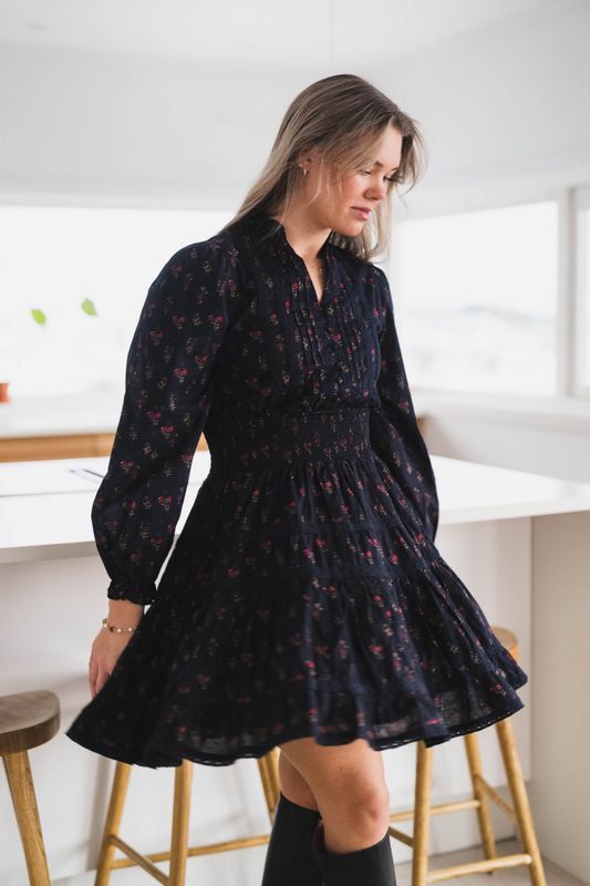 Cornell Fine Print Dress Dark Navy 