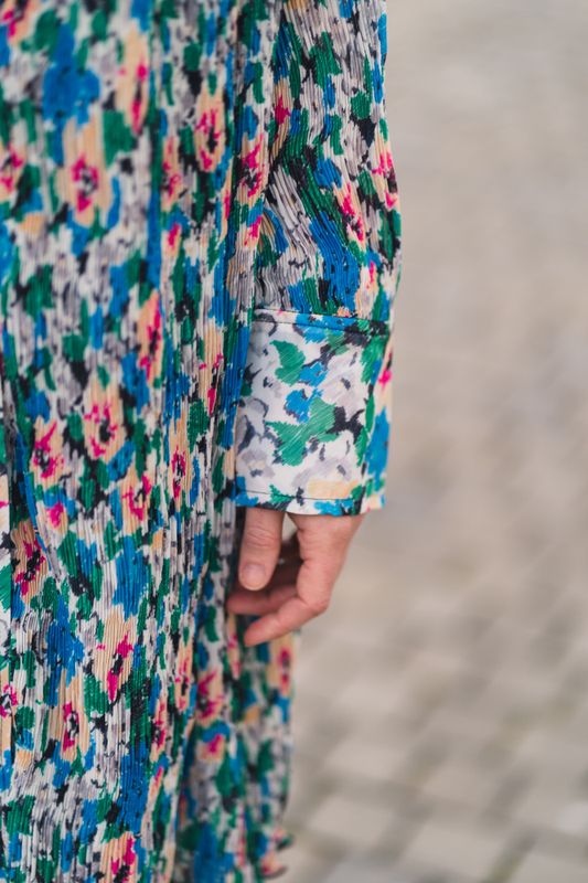 Pleated Georgette Mini Shirt Dress Floral Azure Blue 