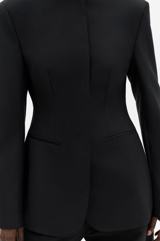 Carol Collarless Wool-Silk Evening Blazer Black 