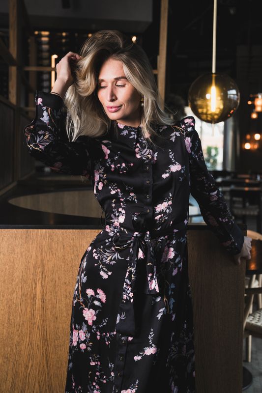Satin Belt Dress Midnight Garden 