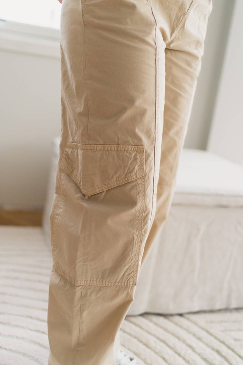 Washed Cotton Canvas Elasticated Curve Pants Pale Khaki Vakre Vene