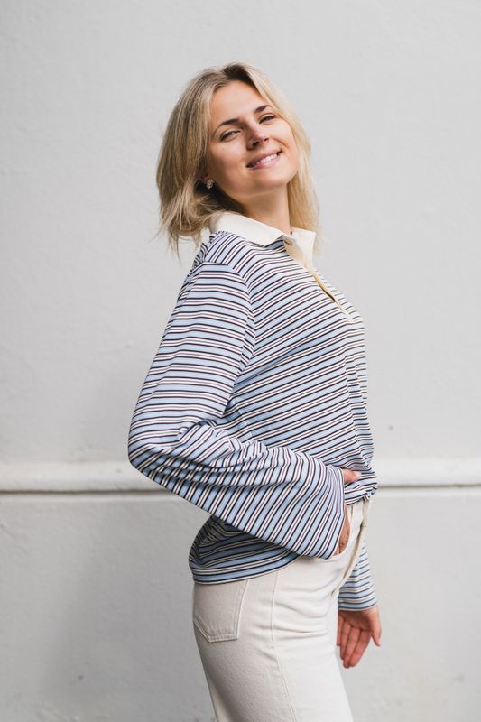 Lirenne Striped Polo Blouse Light Blue 