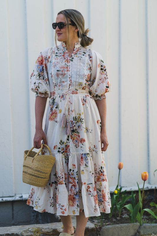 Cotton Slub Midi Dress Vintage Flowers 
