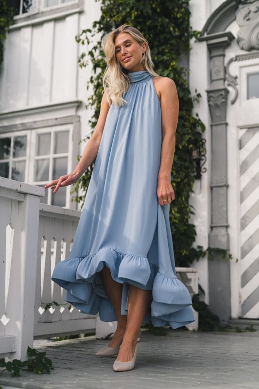 Sabrina Halterneck Ruffled Midi Dress Sky 