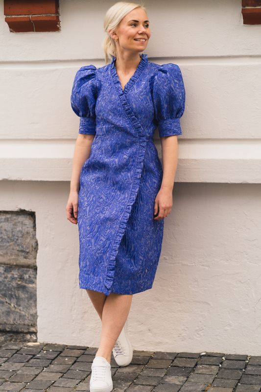 3D Jacquard Wrap Ruffle Dress Blue Iris