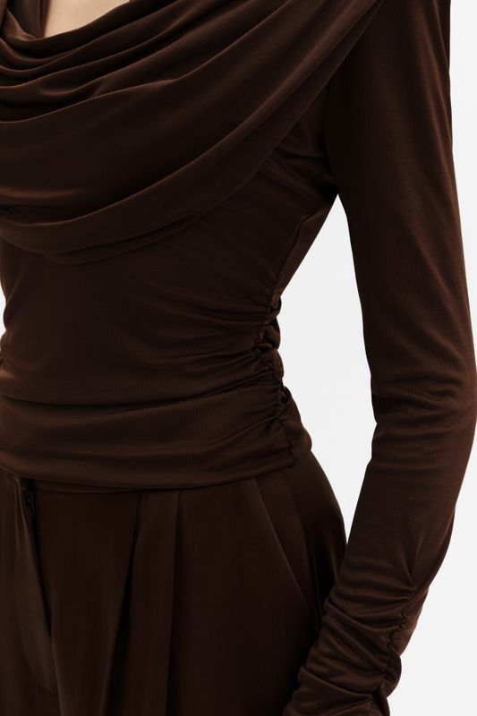 Signe Cowl Neck Jersey Top Dark Brown 