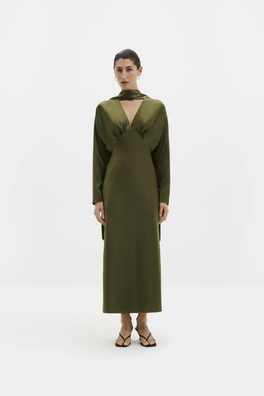 Ingrid Scarf Neck Satin Midi Dress Moss Green 