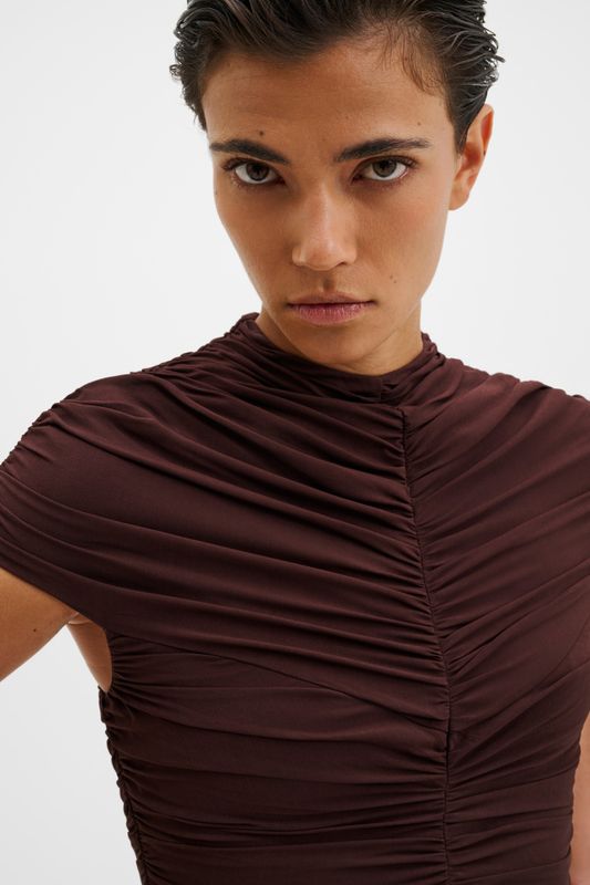 Loana Draped Chiffon Mini Dress Espresso 
