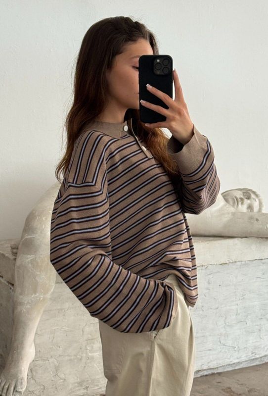 Adanne Polo Knit Stripe Beige/Bordeaux 