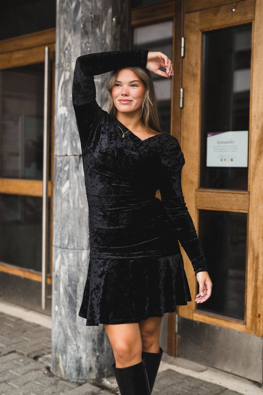Velour Jersey Crossover Ruched Mini Dress Black - Vakre Vene