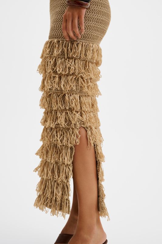Elissa Halterneck Fringe Maxi Dress Sand 