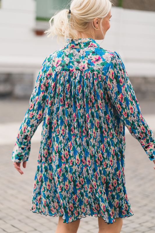 Pleated Georgette Mini Shirt Dress Floral Azure Blue 