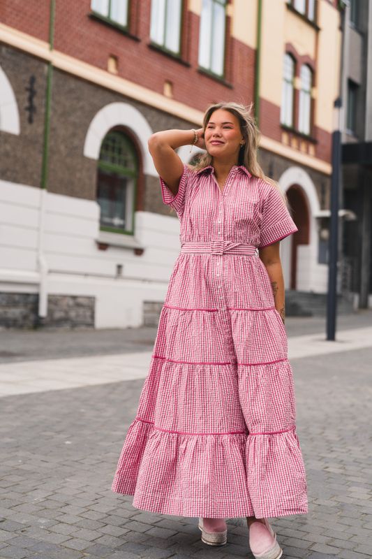 Seersucker Midi Dress Pink Checks 