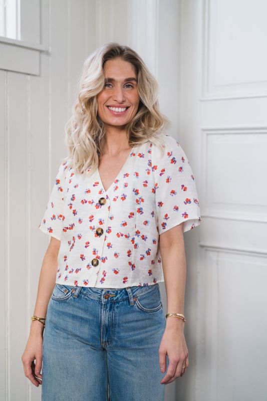 Maris Flower SS V-Shirt Offwhite 