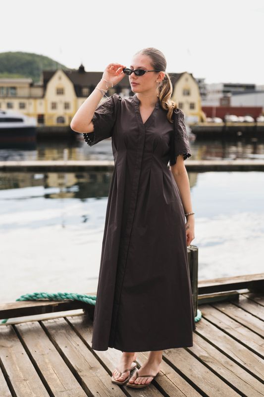 Poppy Emb Pleat Dress Dark Brown 