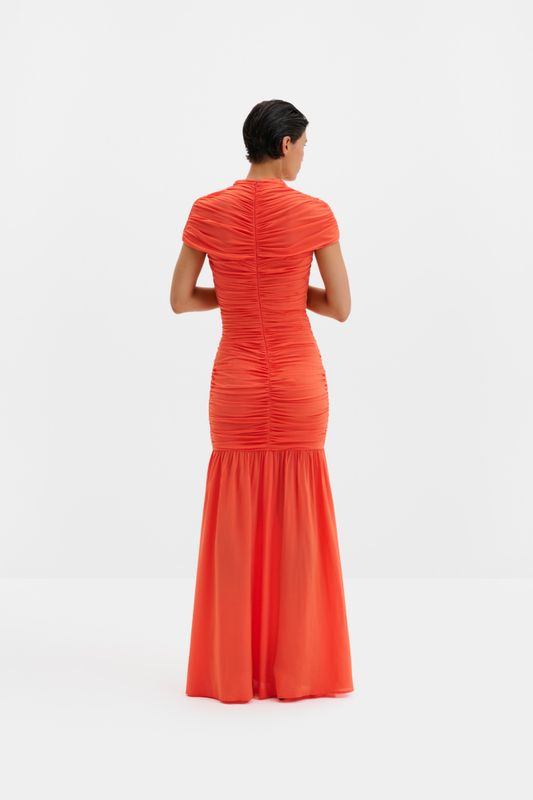 Loana Draped Chiffon Maxi Dress Coral 