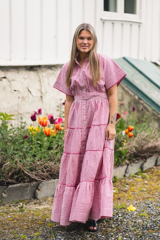 Seersucker Midi Dress Pink Checks 