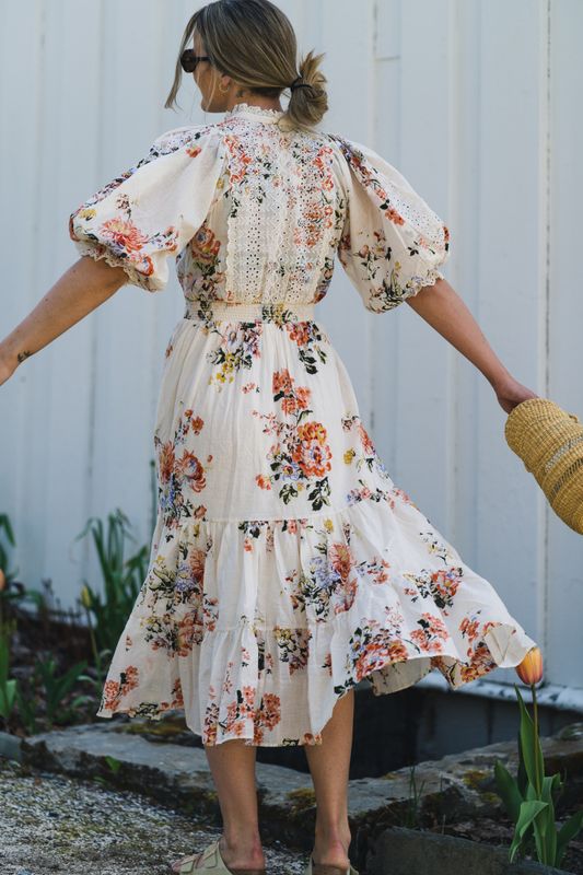 Cotton Slub Midi Dress Vintage Flowers 