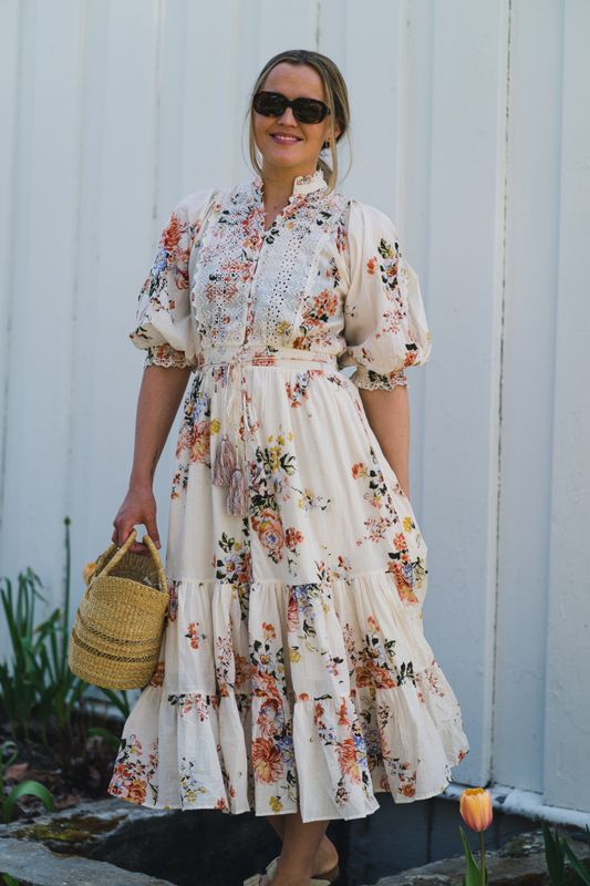 Cotton Slub Midi Dress Vintage Flowers 