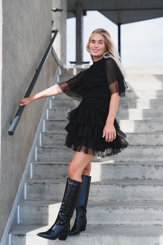 Minnie Short Sleeve Lace Mini Dress Black 