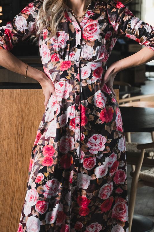 Satin Button-Down Dress Midnight Roses 