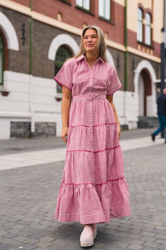 Seersucker Midi Dress Pink Checks 