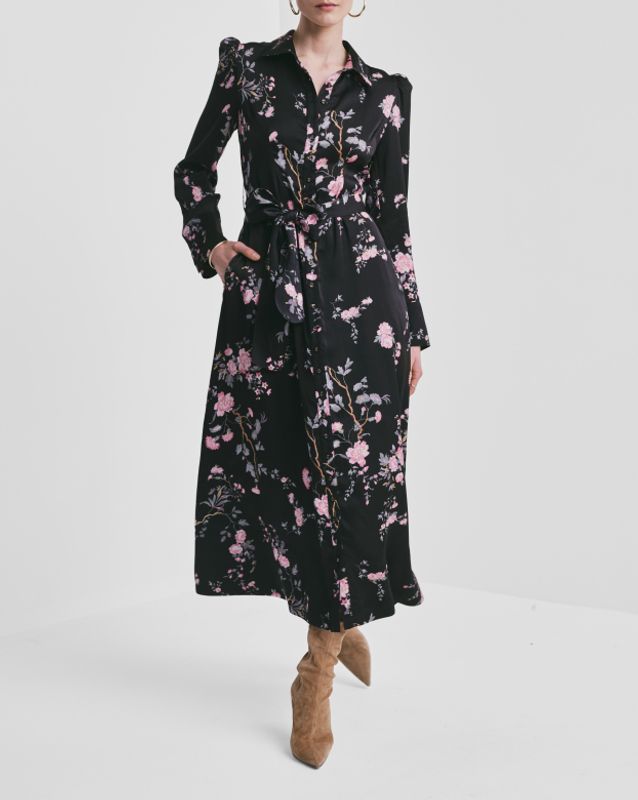 Satin Belt Dress Midnight Garden 